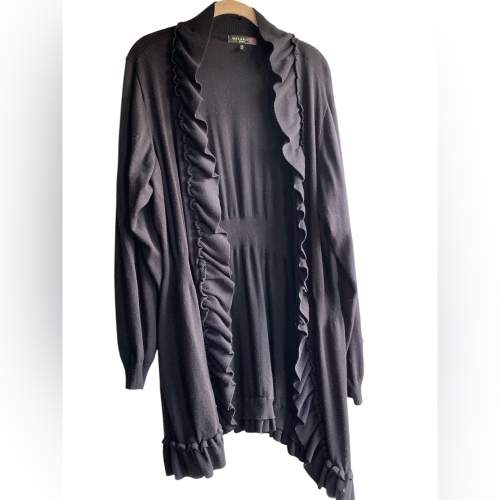 Melanie K Black Open Front Ruffled Knit Cardigan Sweater Woman’s Plus Size